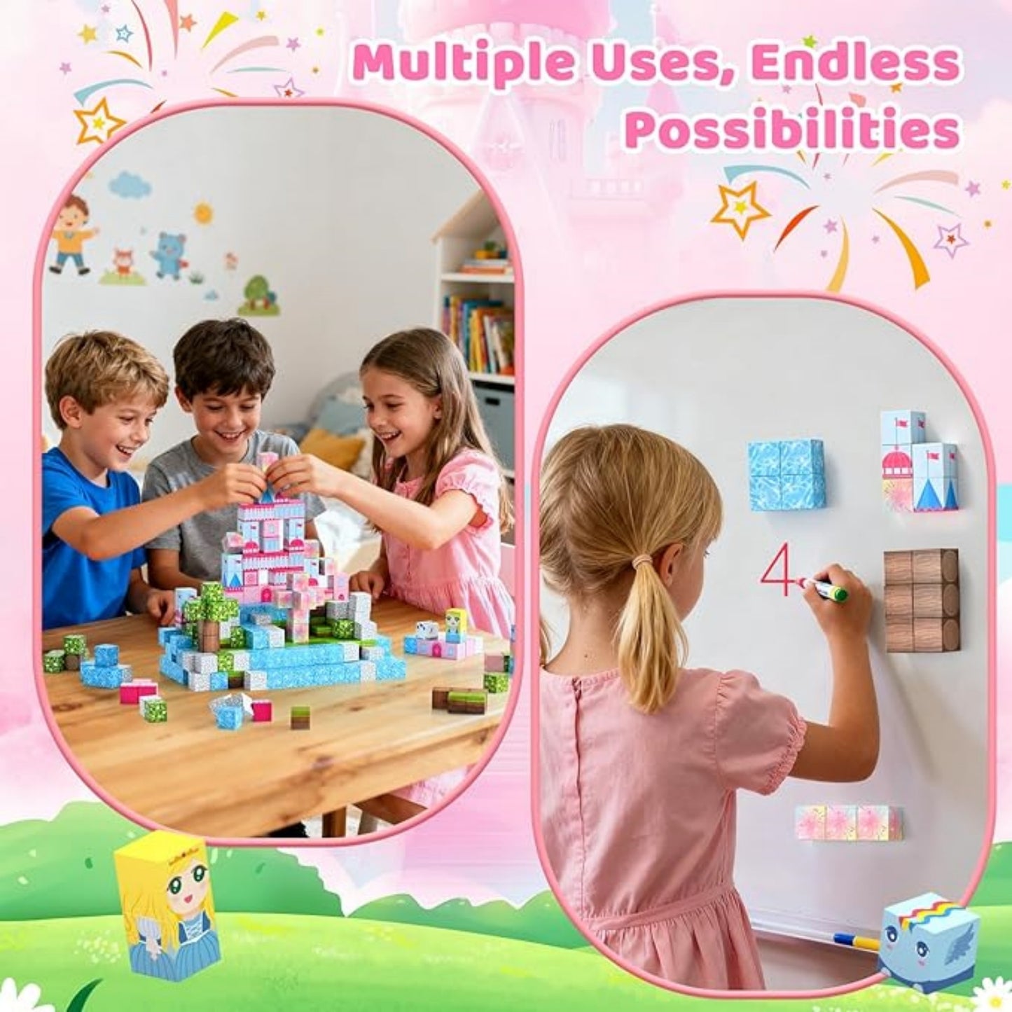 200PCS Magnetic Blocks, Pink Castle STEM Toy for Ages 3+