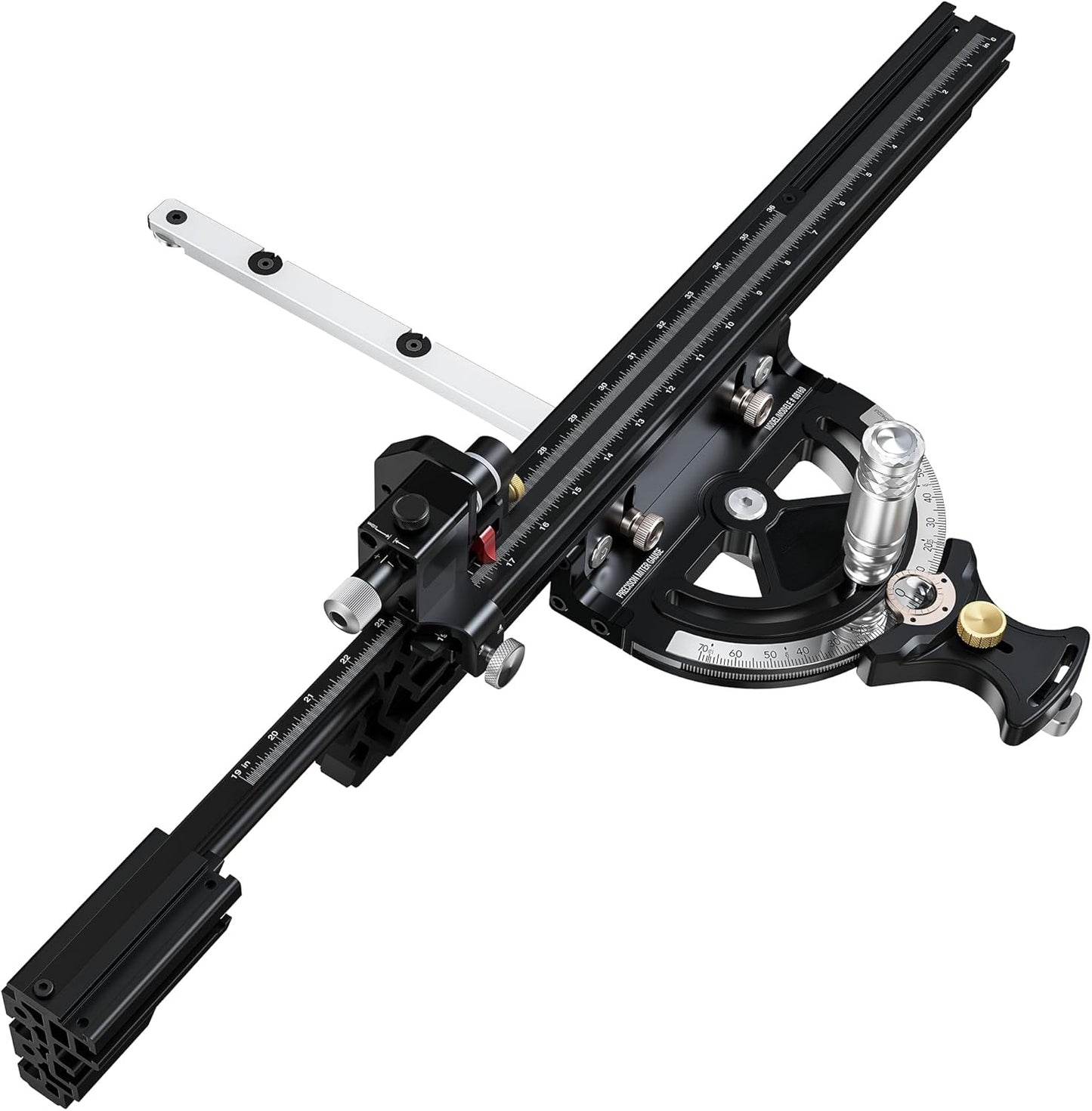 FULL-RANGE MITER GAUGE (-70° to 70°) – 36" Telescoping Fence, Micro-Adjust, Zero Play