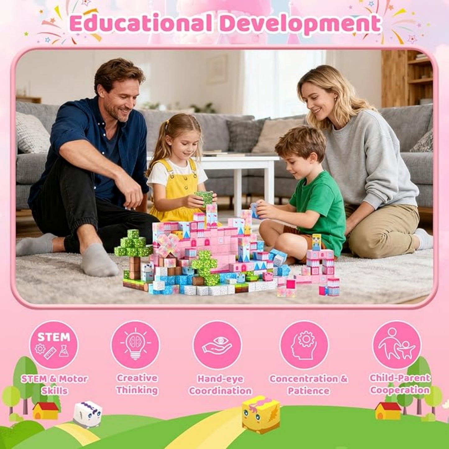 200PCS Magnetic Blocks, Pink Castle STEM Toy for Ages 3+