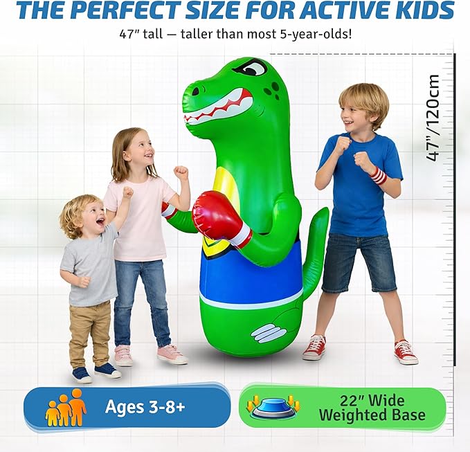 47" Inflatable Dinosaur Boxing Bag Super Durable with Rebound Base for Indoor & Outdoor Active Play