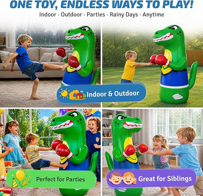 47" Inflatable Dinosaur Boxing Bag Super Durable with Rebound Base for Indoor & Outdoor Active Play
