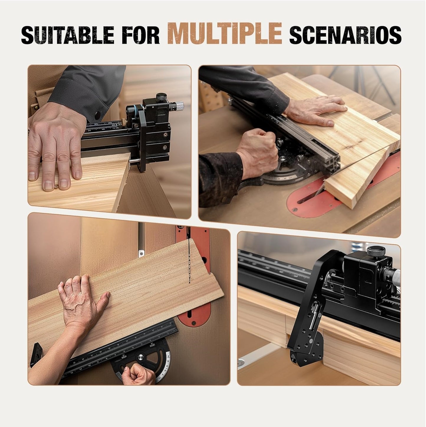 FULL-RANGE MITER GAUGE (-70° to 70°) – 36" Telescoping Fence, Micro-Adjust, Zero Play