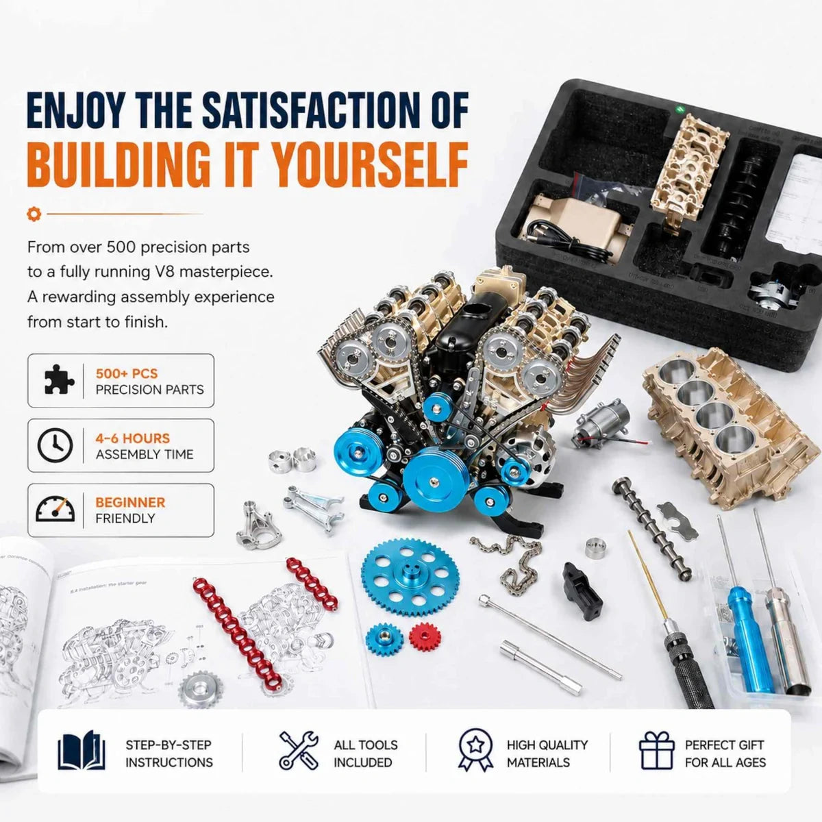 Build a Running V8 Engine – 500+ Pcs Metal Assembly Model Kit