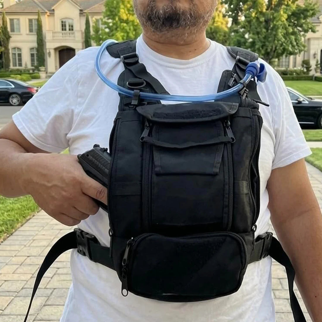 Running chest pack with holster and phone pocket